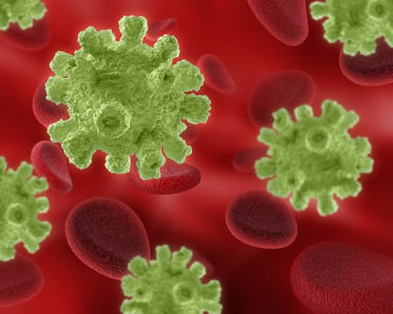 3D render of a medical background with virus and blood cells