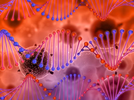 3D render of a medical background with virus cells and DNA strands