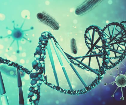 3D render of a medical background with virus cells and DNA strand