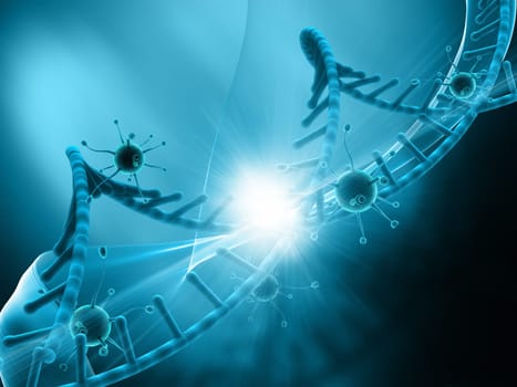 3D render of a medical background with virus cells attacking a DNA strand