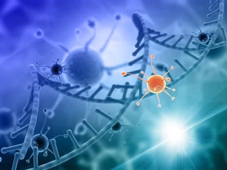 3D render of a medical background with virus cells attacking a DNA strand