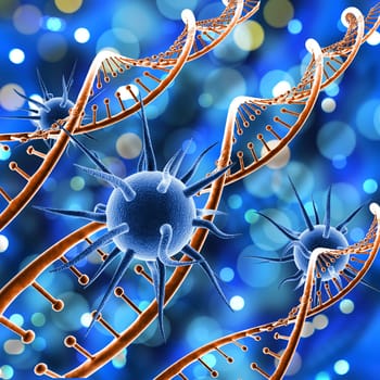 3D render of a medical background with virus cells on DNA strands