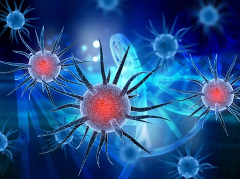 3D render of a medical background with virus cells on DNA strands