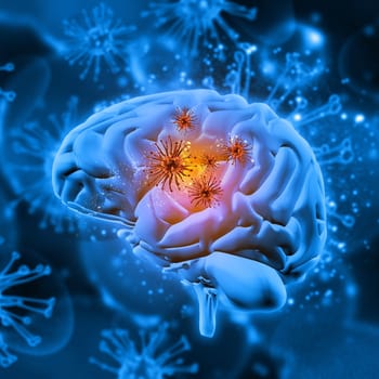 3D render of a medical background with virus cells attacking the brain