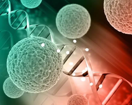 3D render of a medical background with virus cells on DNA strands
