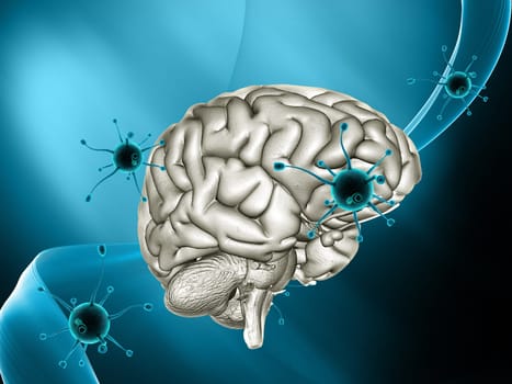 3D render of a medical background with virus cells attacking a brain