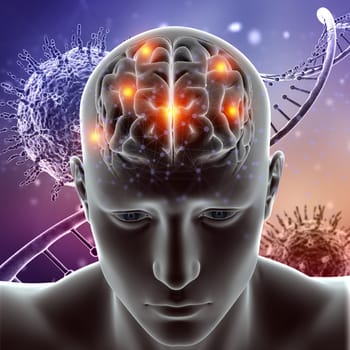 3D render of a medical figure with brain highlighted on virus cells and DNA strands