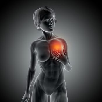 3D render of a medical image with female holding heart in pain