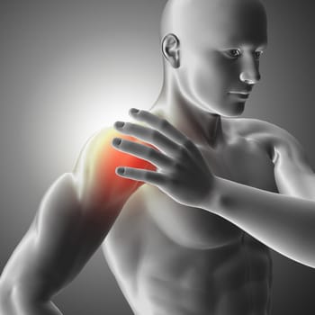 3D render of a medical image with male figure holding shoulder in pain