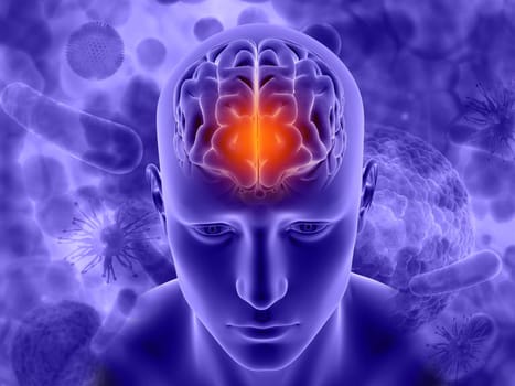 3D render of a medical image with male figure with brain highlighted on virus background