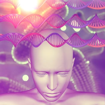 3D render of a medical image with female head, DNA strands and virus cells