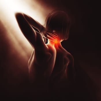 3D render of a medical image with female holding neck in pain