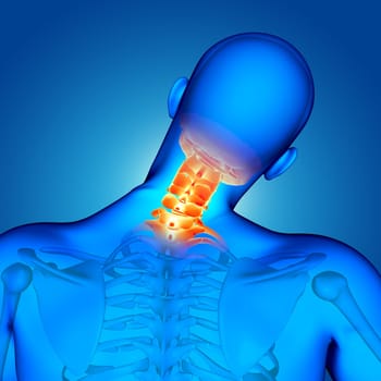 3D render of a medical male figure with neck bones highlighted