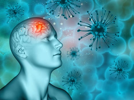3D render of a medical mental health background with virus cells and male figure
