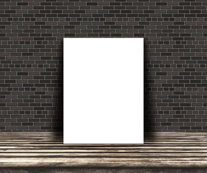 3D render of a mock up of a blank picture on a wooden table leaning against a brick wall