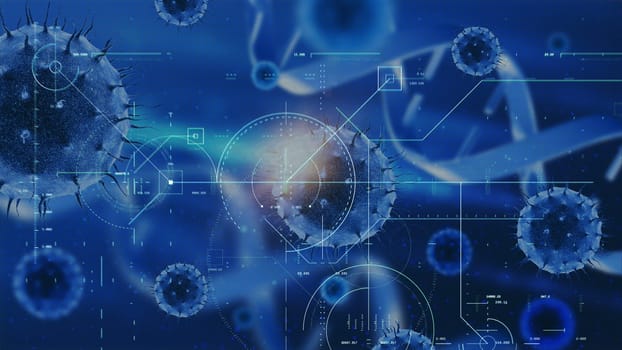 3D render of a medical techno background with virus cells and coding overlay