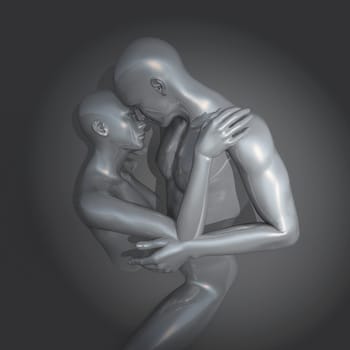 3D render of a modern art background with metallic silver couple in embrace