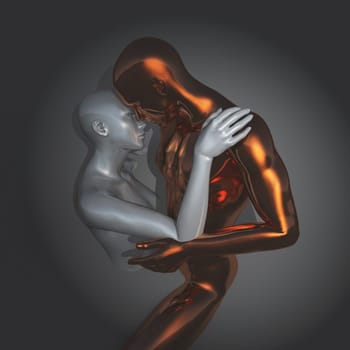 3D render of a modern art background with silver and gold couple in embrace