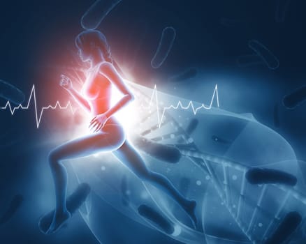3D render of a medical figure with female running and heart rate