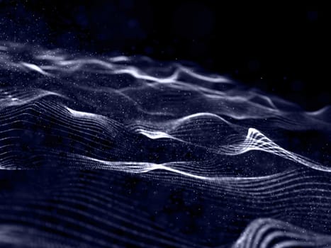 3D render of a modern background with flowing particles with selective focus