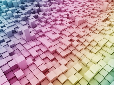 3D render of a modern background with rainbow coloured extruding blocks