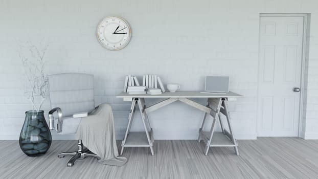 3D render of a modern interior in shades of white