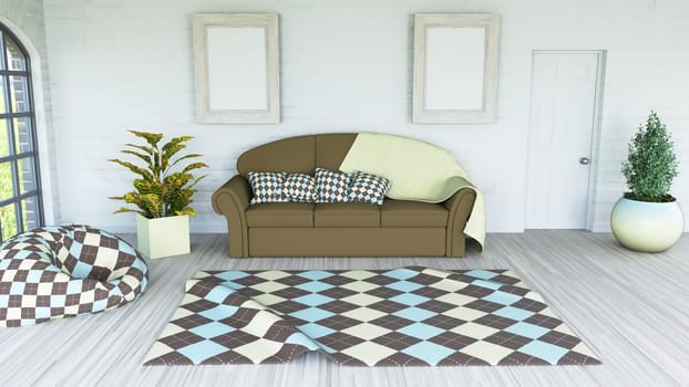 3D render of a modern lounge interior with blank picture frame on the wall
