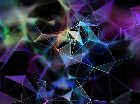 3D render of a modern plexus design with colourful connecting lines and dots