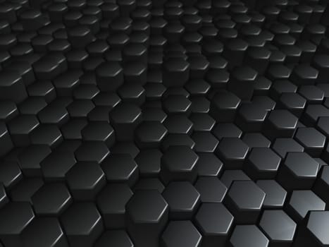 3D render of a modern tech background of black extruding hexagons