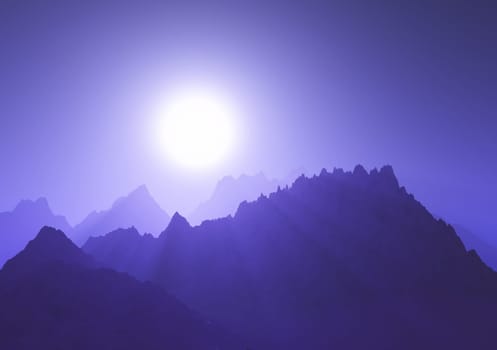 3D render of a mountain range against a purple sunset sky