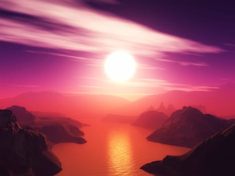 3D render of a mountain landscape against a sunset sky