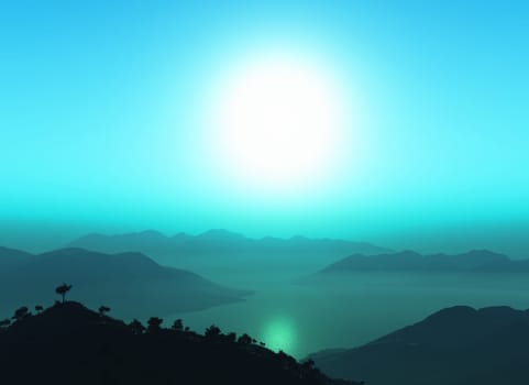3D render of a mountain landscape against sunset sky