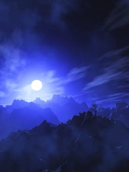 3D render of a mountain landscape with moonlit sky