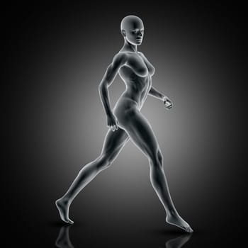 3D render of a muscular female in walking pose