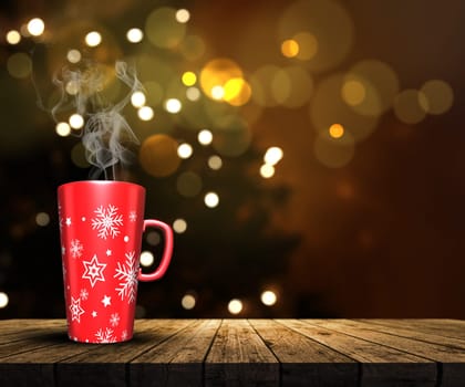 3D render of a mug on a wooden table looking out to a defocussed Christmas tree