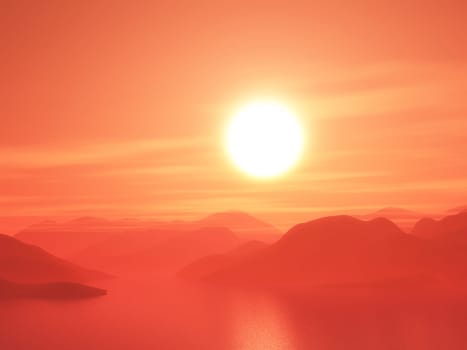 3D render of a mountain range against a sunset sky