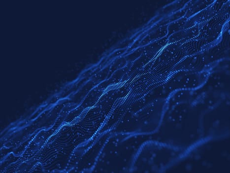 3D render of a network communications background with flowing and floating particles