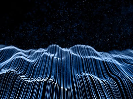 3D render of a network communications background with flowing network lines and cyber particles