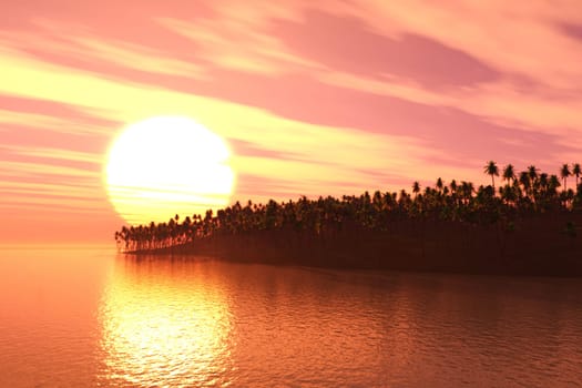 3D render of a palm tree island at sunset