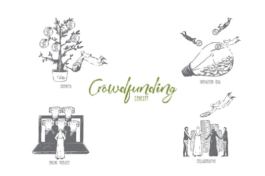 Crowdfunding, growth, innovation idea, online project, collaborative, concept sketch. Internet startup financing, muslim businessmen and businesswomen, business banner. Isolated vector illustration