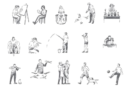 People hobbies, activities concept sketch. Indoor and outdoor leisure, woman painting, man fishing, clay crafting, gardening, pigeon breeding, outside interests set. Isolated vector illustration