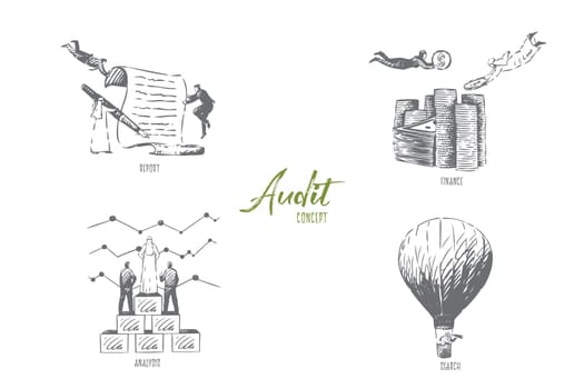 Audit, report, finance, analysis, search concept sketch. Business partnership, market statistics inspection, arab businessman and businesswoman, financial literacy banner. Isolated vector illustration
