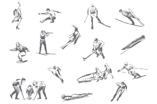 Winter sports, sportive activities concept sketch. Professional competition, snowboarding, ski jumping, figure and speed skating, bobsleigh, competitive games set. Isolated vector illustration