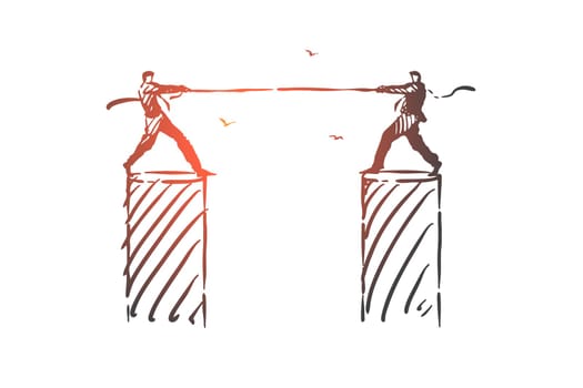 Rivalry, opposition, struggle concept sketch. Business conflict, corporate competition metaphor, war tug, ambitious businessmen, opponents pulling rope standing on columns. Hand drawn isolated vector