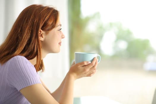 Relaxed woman holding coffee cup looking through a window in an apartment