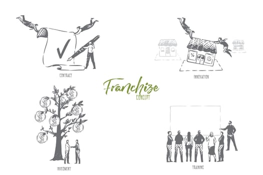 Franchise, contract, innovation, investment, training concept sketch. Company expansion, flying businesswoman and businessman teamwork, business development banner. Isolated vector illustration