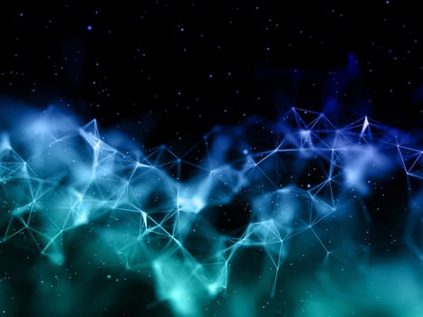 3D render of a plexus design with connecting lines and dots and floating particles
