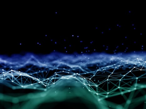 3D render of a plexus modern design with connecting lines and dots with floating particles