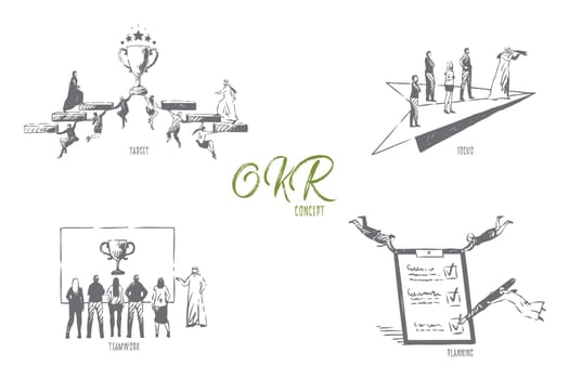 OKR, target, focus, teamwork, planning concept sketch. Objective, key and result, flying muslim businessmen and businesswomen teamwork, business partnership banner. Isolated vector illustration