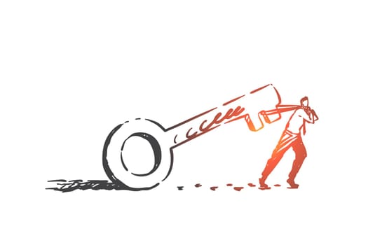 Effort, determination, struggle concept sketch. Problem solution, mortgage loan surreal metaphor, motivated businessman carrying heavy burden, man pulling huge key. Hand drawn isolated vector